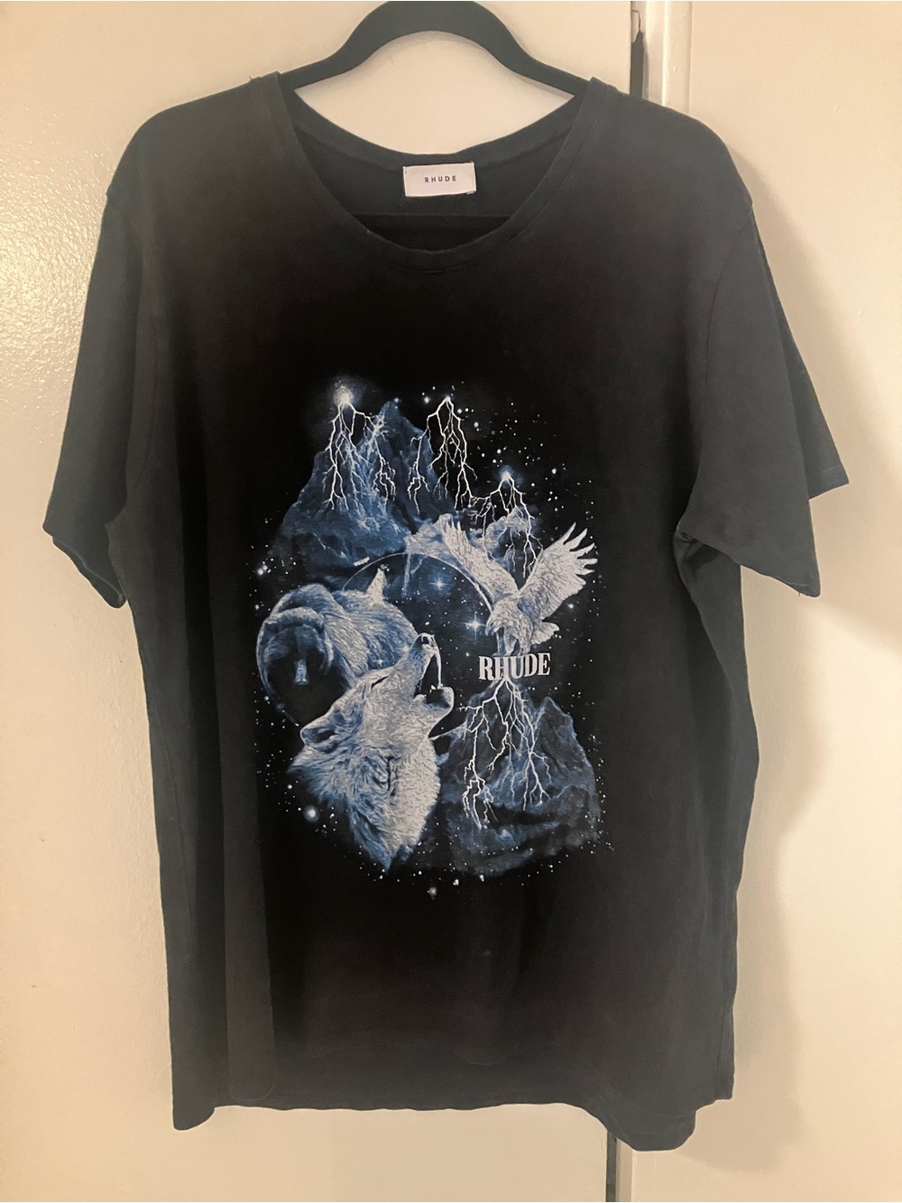 Rhude Howling  Wolf Lightning Storm Black Cotton T Shirt Sz M Streetwear USA.